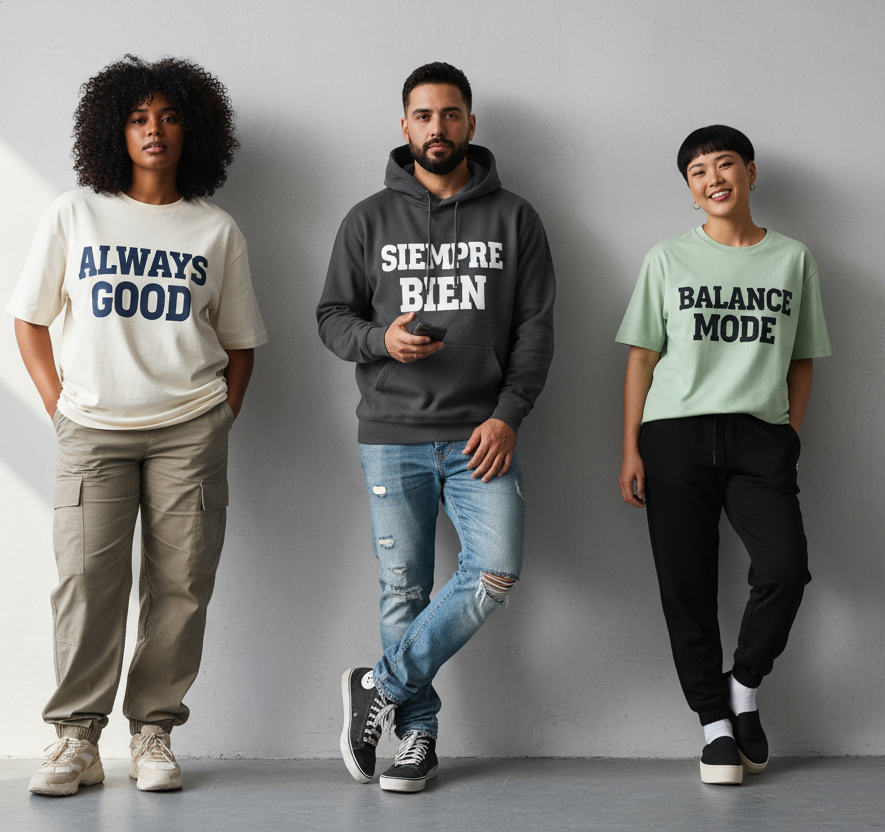 3 modelos usando camisetas y hoddies que dicen "Always Good", "Siempre Bien" y  "Balance Mode"